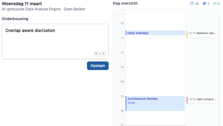 Boekformulier met agenda-items en commits van die dag naast een onderbouwingsveld