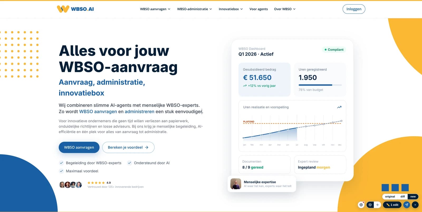 De homepage van WBSO.ai in de bewerkmodus van Slop Off, met een gouden rand en rechtsonder de teller met wijzigingen