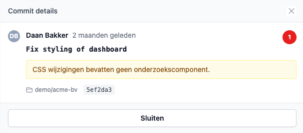 Commit-details met een WBSO-score van 1 voor "Fix styling of dashboard" en de onderbouwing dat CSS-wijzigingen geen onderzoekscomponent bevatten