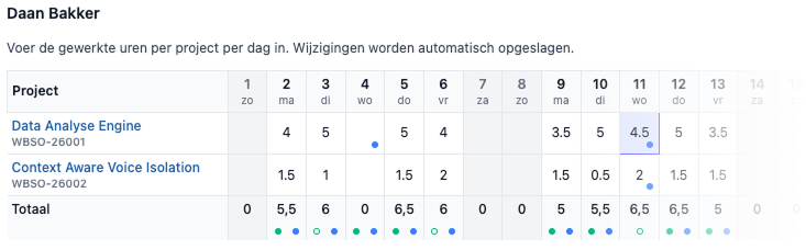 Maandoverzicht per medewerker: per project per dag de geboekte uren, met dagtotalen onderaan