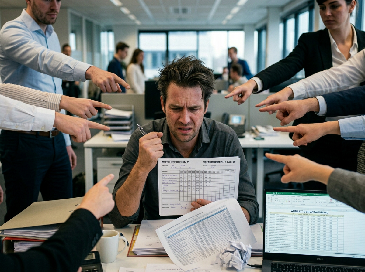 Vingers vanuit alle kanten wijzen naar een gestresste ondernemer met een papieren urenstaat en Excel-sheets