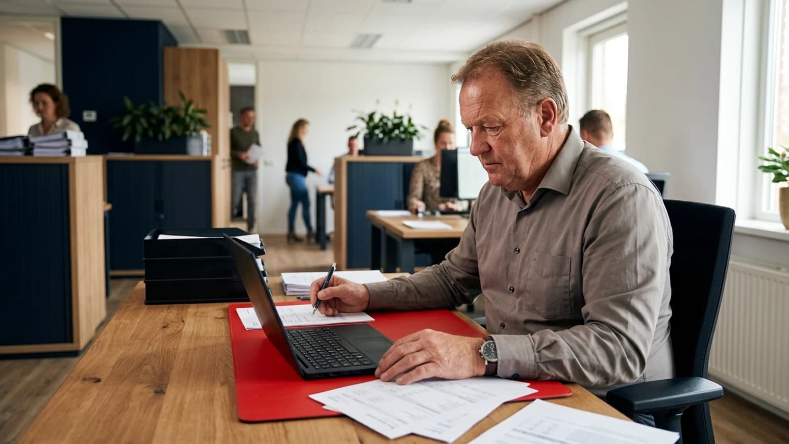 Ondernemer aan een bureau met papieren en een laptop, beeld bij het artikel in De Zaak