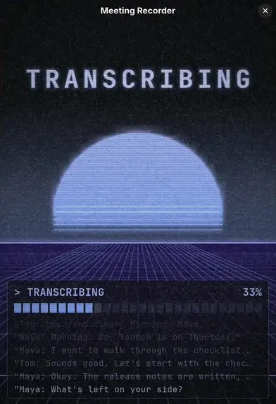 De animatie tijdens het transcriberen: een neon zon boven een raster, met de herkende zinnen eronder